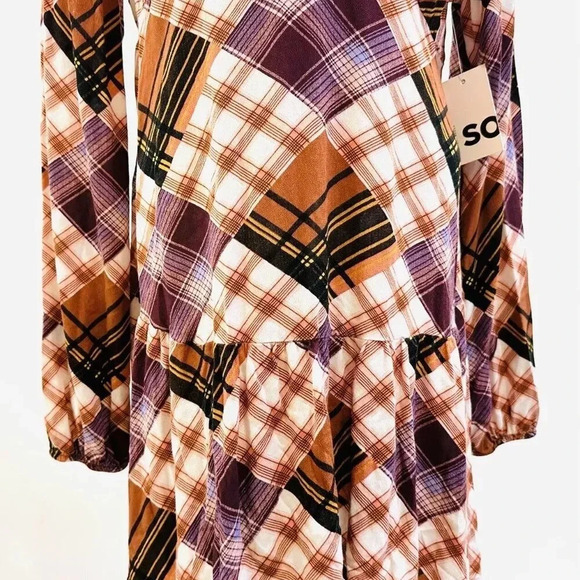 NWT SO GOODS FOR LIFE Junior Long Sleeve Pullover Plaid Brown V-Neck Dress Large - Picture 7 of 12